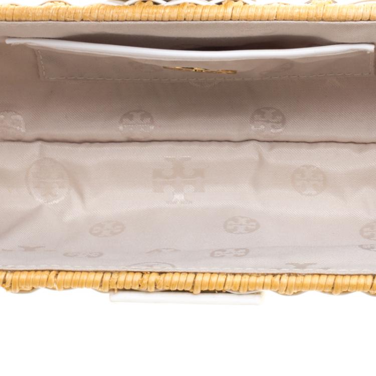 Pre Owned Tory Burch White/Brown Woven Patent Leather and Rattan Whicker Clutch