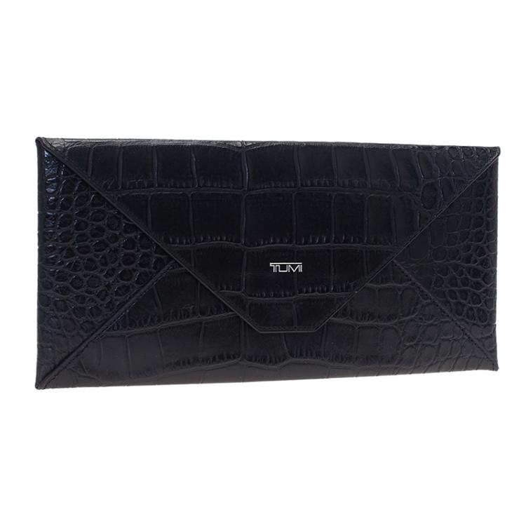 Pre Owned Tumi Black Crocodile Embossed Envelope Pouch
