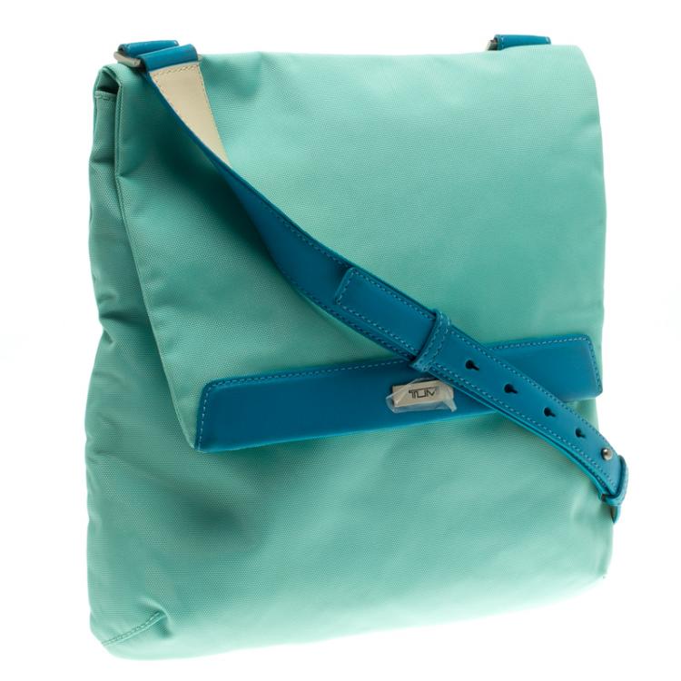 Pre Owned Tumi Mint Blue Nylon Crossbody Flap Bag