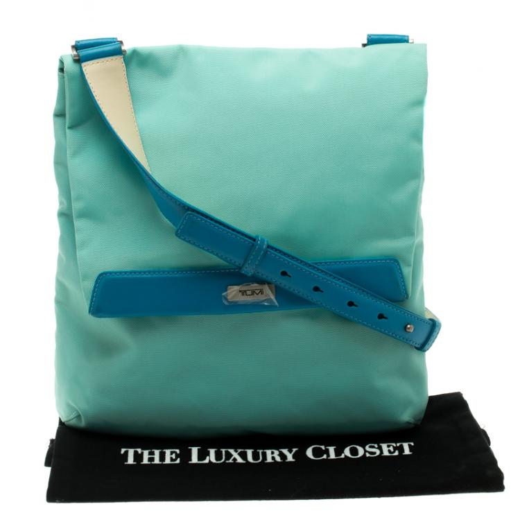 Pre Owned Tumi Mint Blue Nylon Crossbody Flap Bag