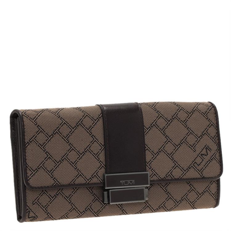 Pre Owned Tumi Brown Leather and Canvas Logo Continental Flap Wallet