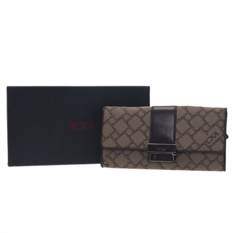 Pre Owned Tumi Brown Leather and Canvas Logo Continental Flap Wallet