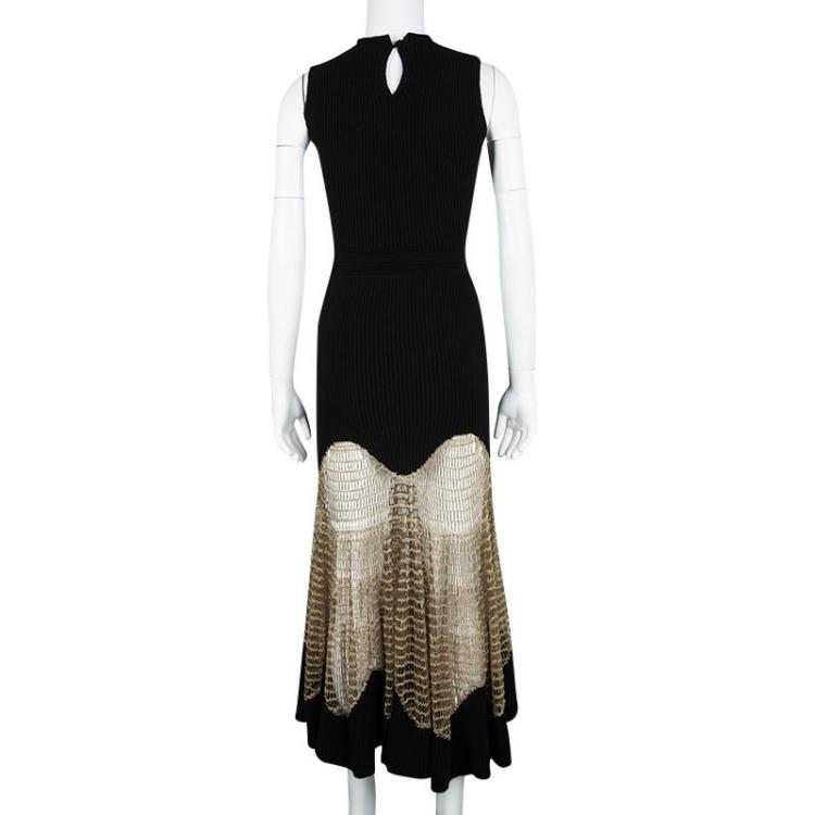 Pre Owned Alexander McQueen Black Wool Metallic Crochet Lace Insert Sleeveless Maxi Dress XS