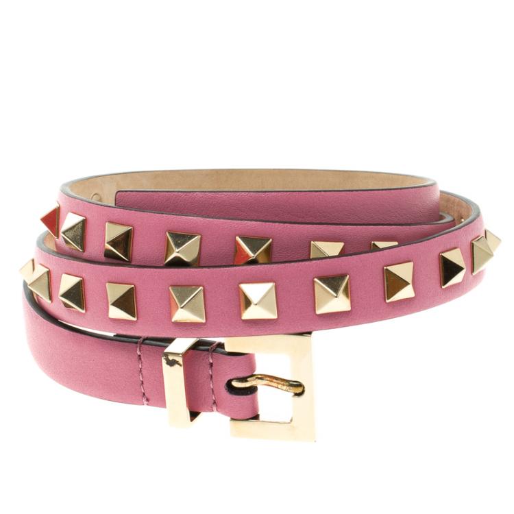 Pre Owned Valentino Pink Leather Rockstud Skinny Belt 80CM