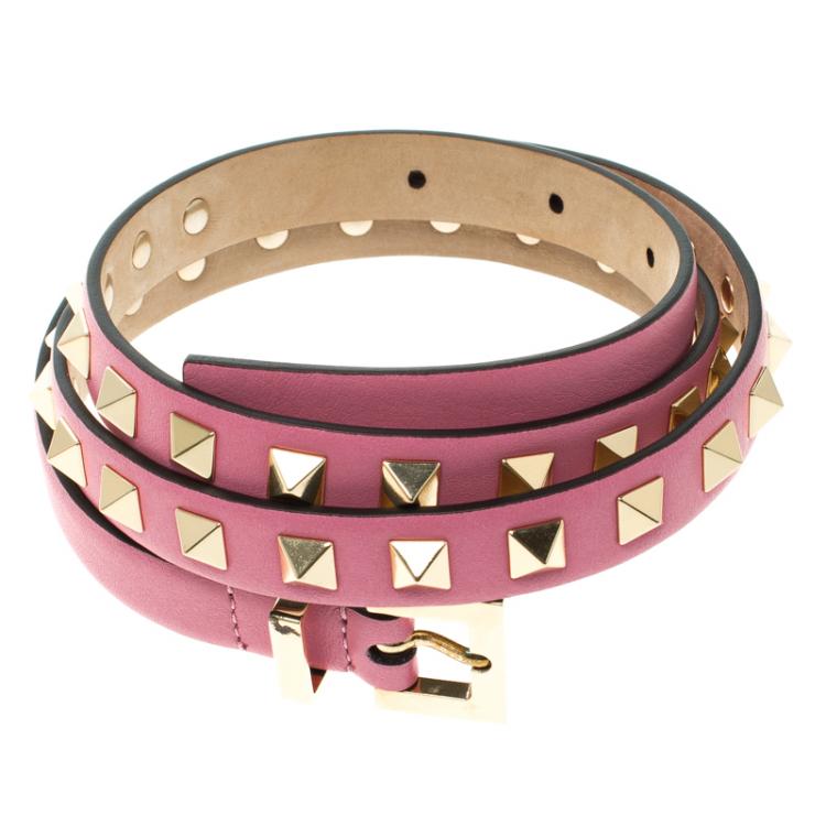 Pre Owned Valentino Pink Leather Rockstud Skinny Belt 80CM