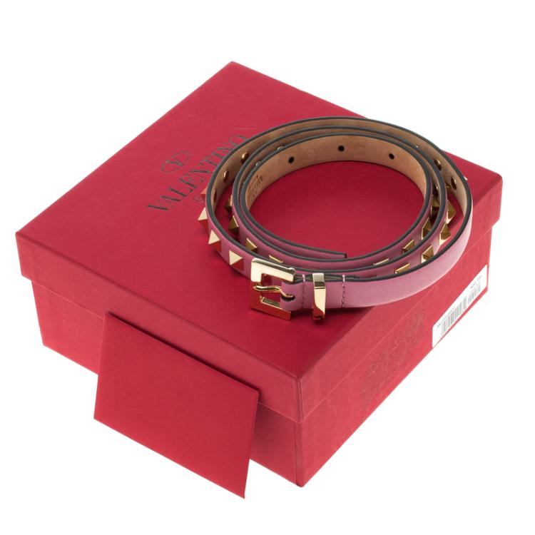 Pre Owned Valentino Pink Leather Rockstud Skinny Belt 80CM