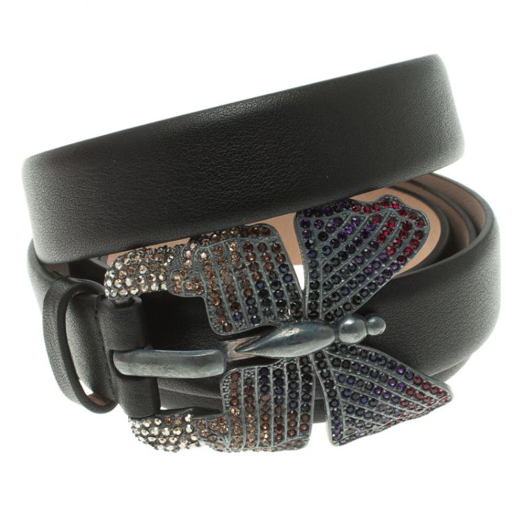 Pre Owned Valentino Black Leather Crystal Embellished Butterfly Buckle Belt 80 CM