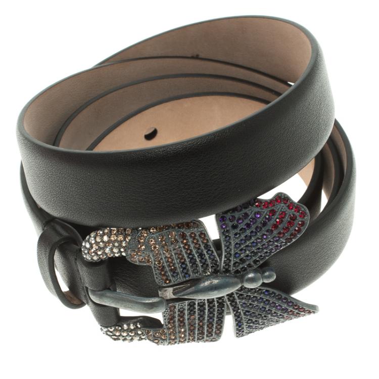 Pre Owned Valentino Black Leather Crystal Embellished Butterfly Buckle Belt 80 CM