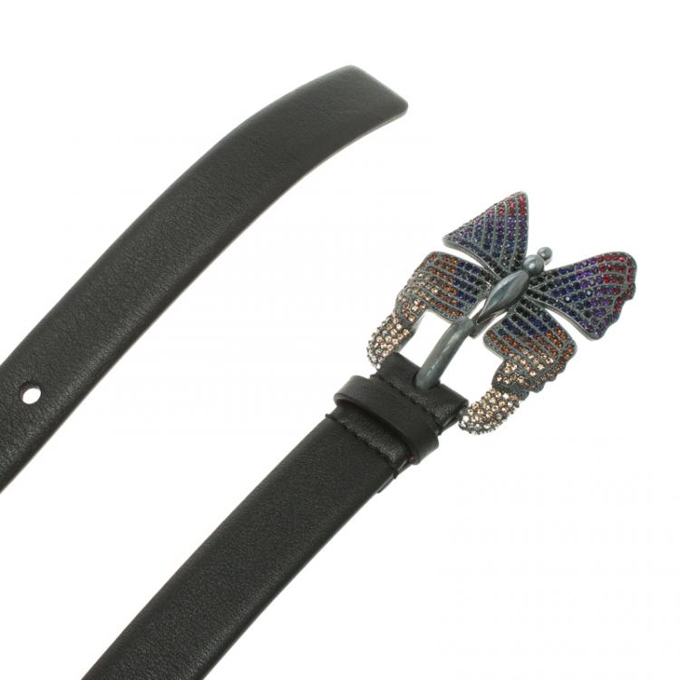 Pre Owned Valentino Black Leather Crystal Embellished Butterfly Buckle Belt 80 CM