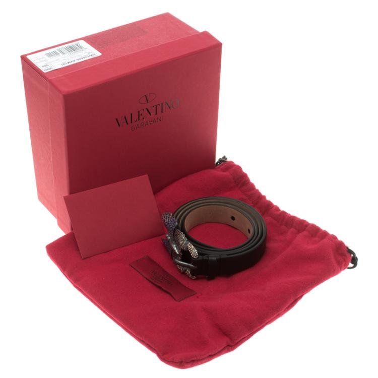 Pre Owned Valentino Black Leather Crystal Embellished Butterfly Buckle Belt 80 CM