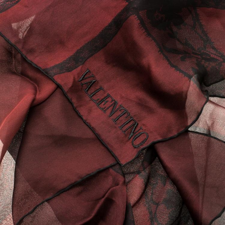 Pre Owned Valentino Burgundy Floral Lace Print Silk Stole 