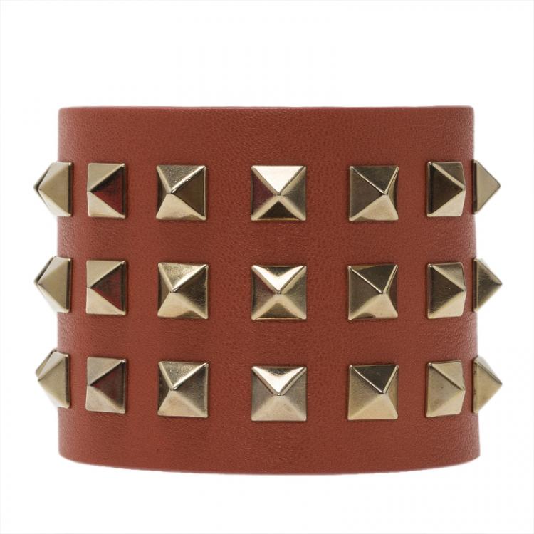Pre Owned Valentino Rockstud Orange Leather Gold Tone Bracelet