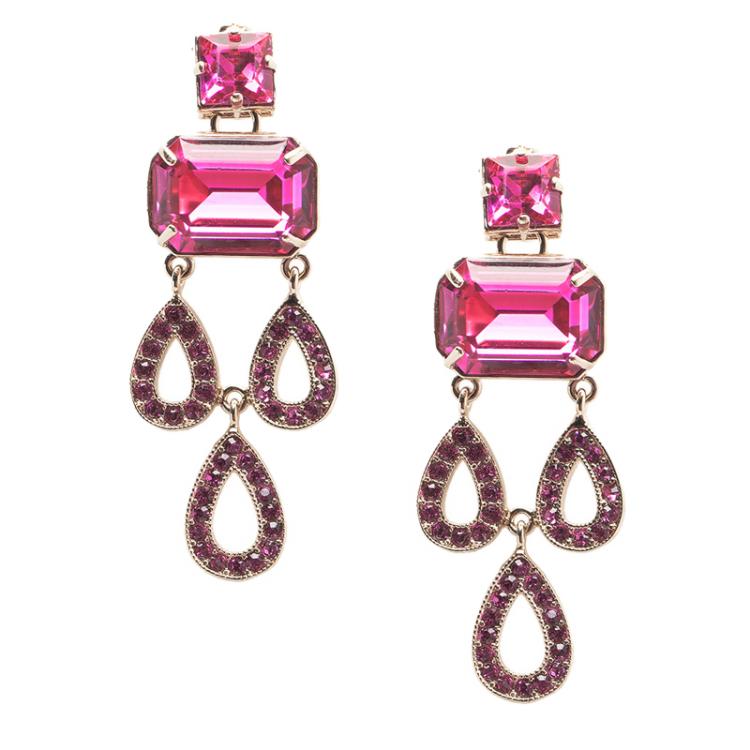 Pre Owned Valentino Pink Crystal Gold Tone Long Dangle Pierce Earrings