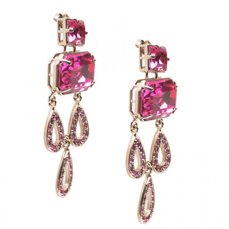 Pre Owned Valentino Pink Crystal Gold Tone Long Dangle Pierce Earrings