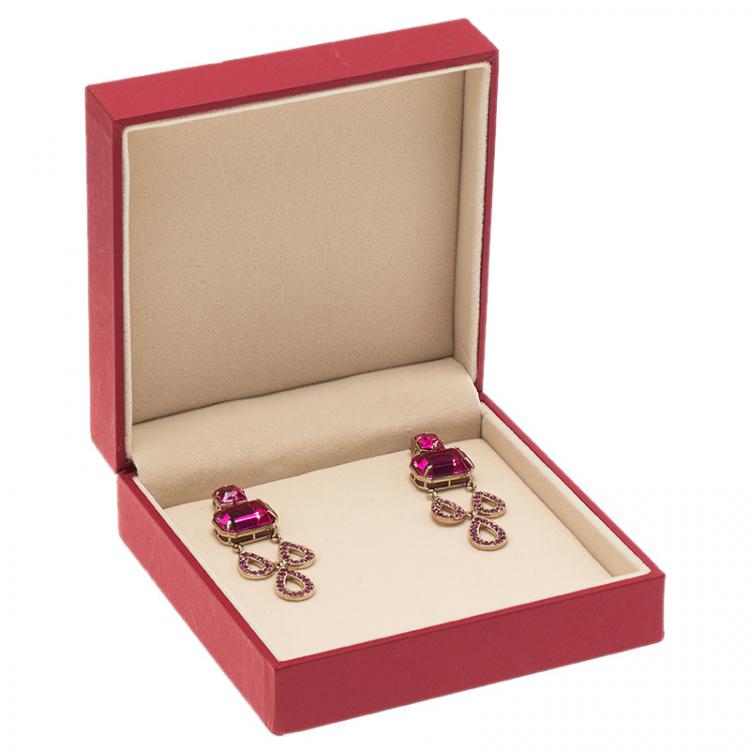 Pre Owned Valentino Pink Crystal Gold Tone Long Dangle Pierce Earrings