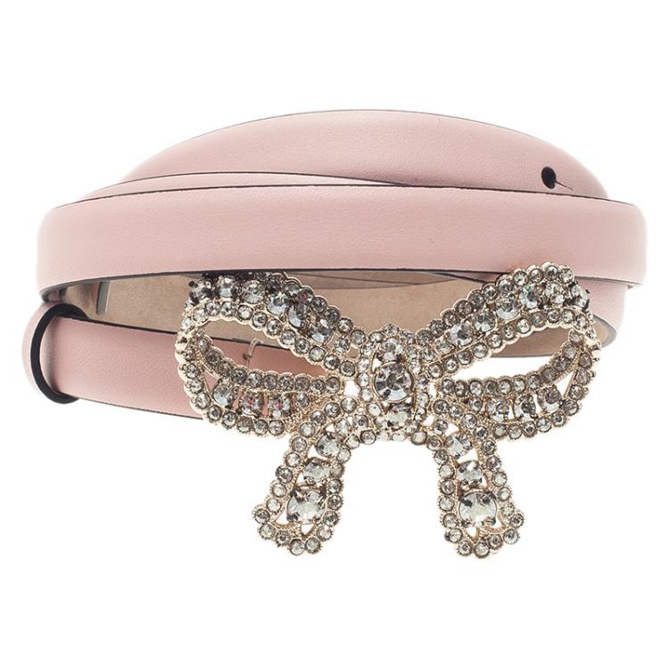 Pre Owned Valentino Pink Leather Crystal Bow Belt 95 CM