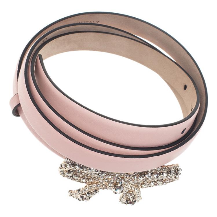 Pre Owned Valentino Pink Leather Crystal Bow Belt 95 CM