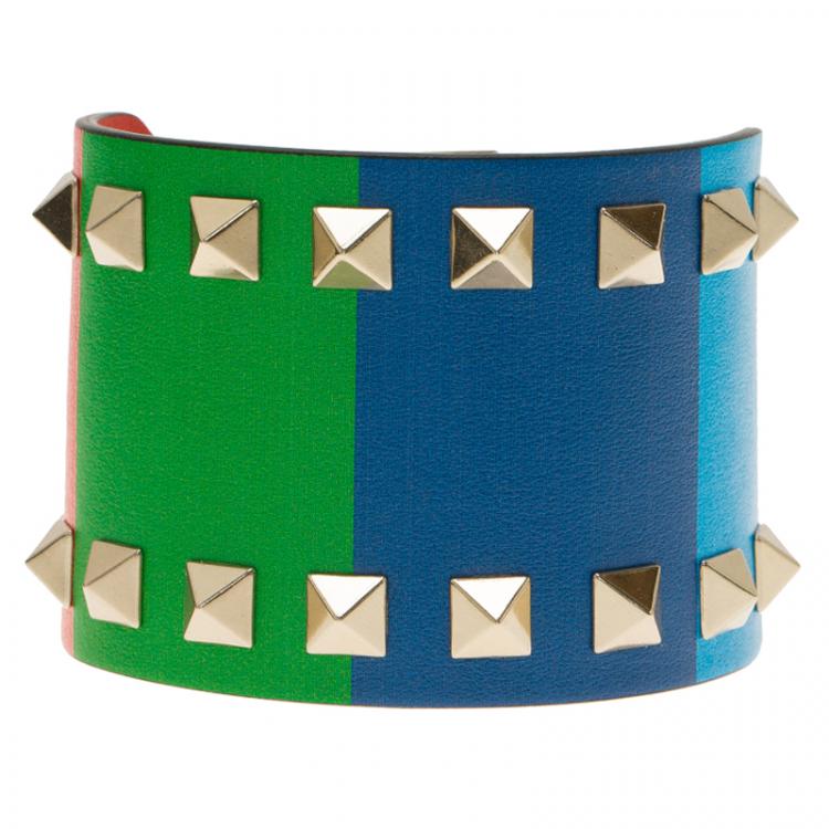 Pre Owned Valentino Rockstud Rainbow Leather Gold Tone Bracelet