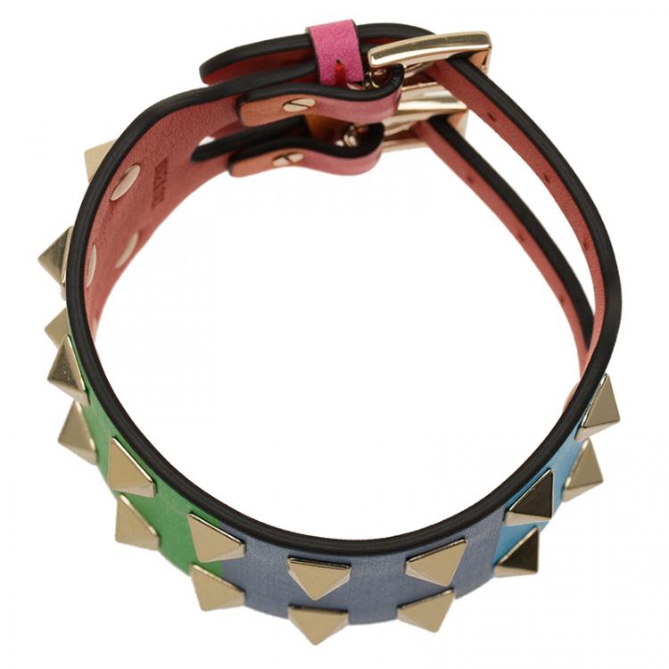 Pre Owned Valentino Rockstud Rainbow Leather Gold Tone Bracelet