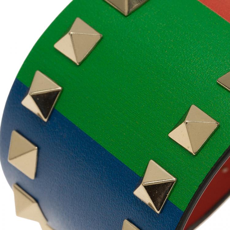 Pre Owned Valentino Rockstud Rainbow Leather Gold Tone Bracelet