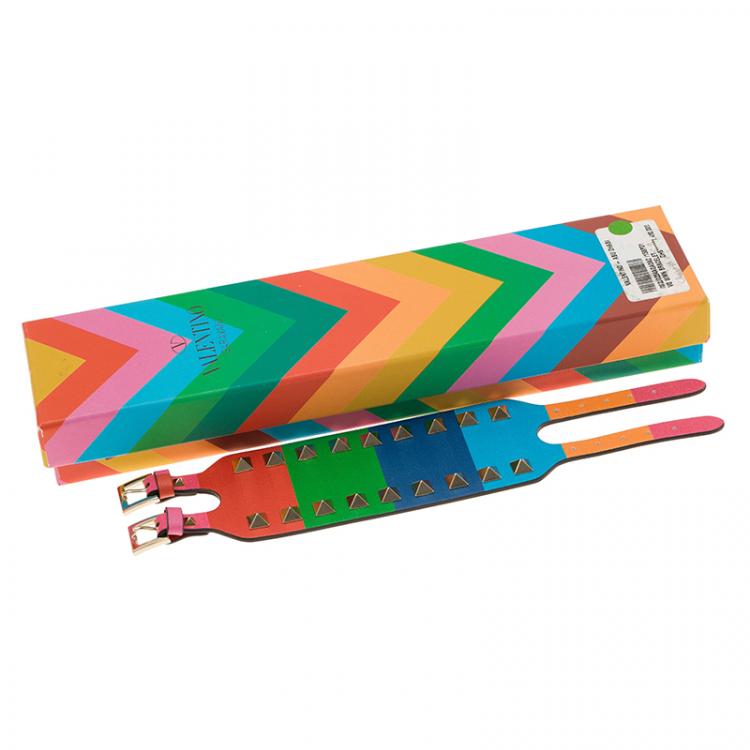 Pre Owned Valentino Rockstud Rainbow Leather Gold Tone Bracelet