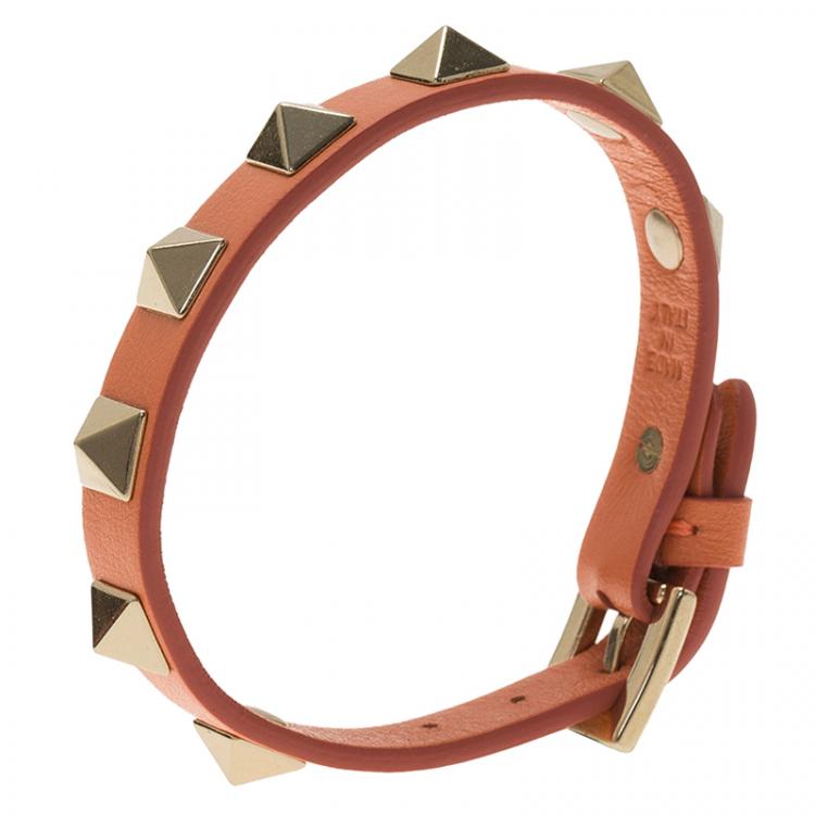 Pre Owned Valentino Rockstud Coral Leather Bracelet