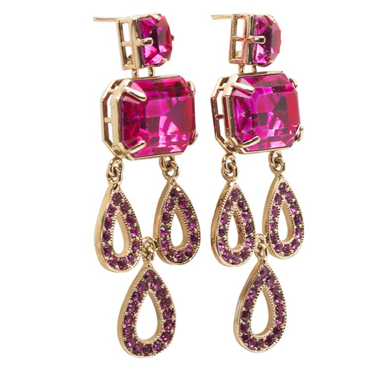 Pre Owned Valentino Pink Crystal Gold Tone Long Dangle Pierce Earrings