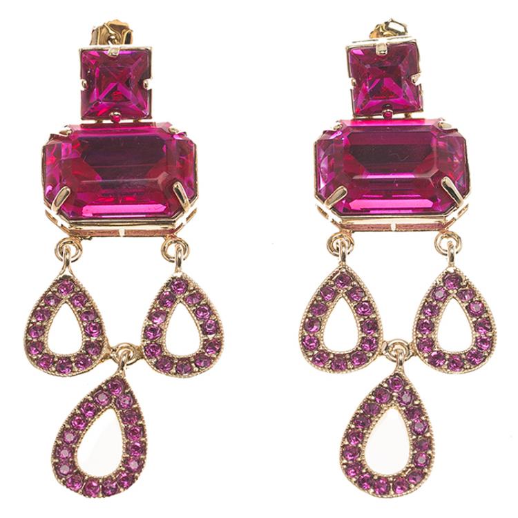 Pre Owned Valentino Pink Crystal Gold Tone Long Dangle Pierce Earrings
