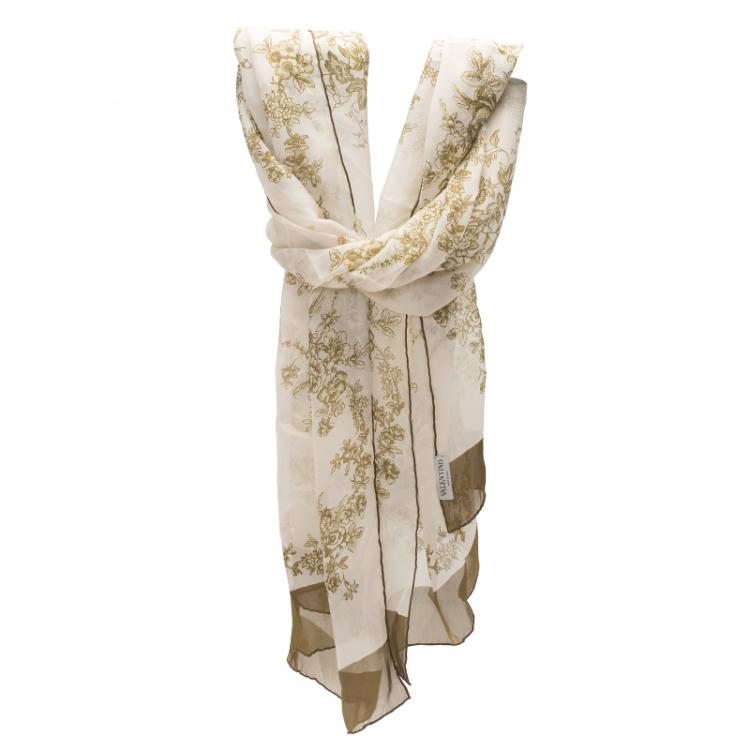 Pre Owned Valentino Cream and Green Floral Print Silk Stole
