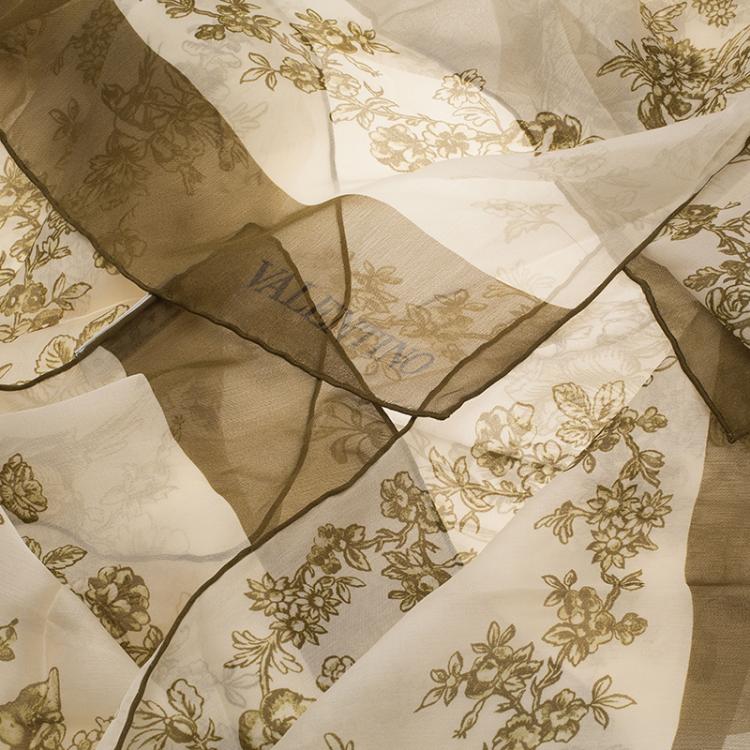 Pre Owned Valentino Cream and Green Floral Print Silk Stole