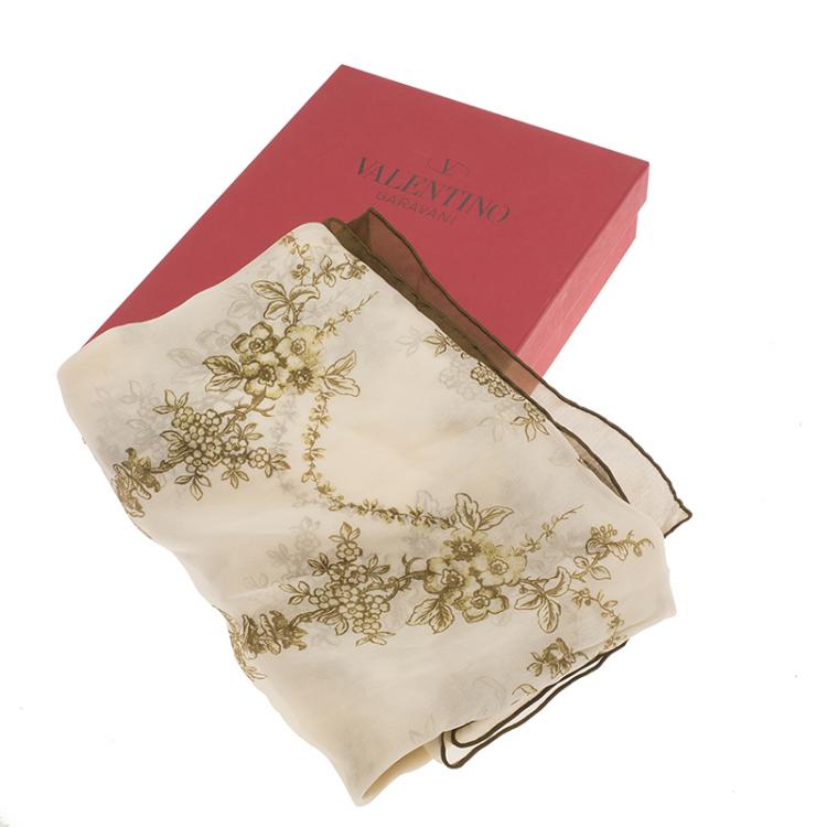 Pre Owned Valentino Cream and Green Floral Print Silk Stole