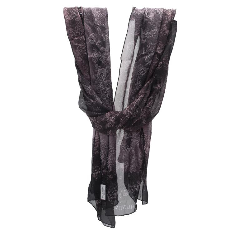 Pre Owned Valentino Two Tone Floral Print Silk Stole