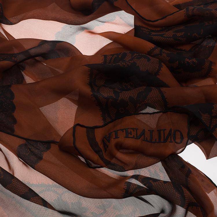 Pre Owned Valentino Brown Lace Print Silk Stole
