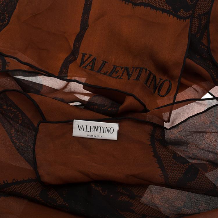 Pre Owned Valentino Brown Lace Print Silk Stole