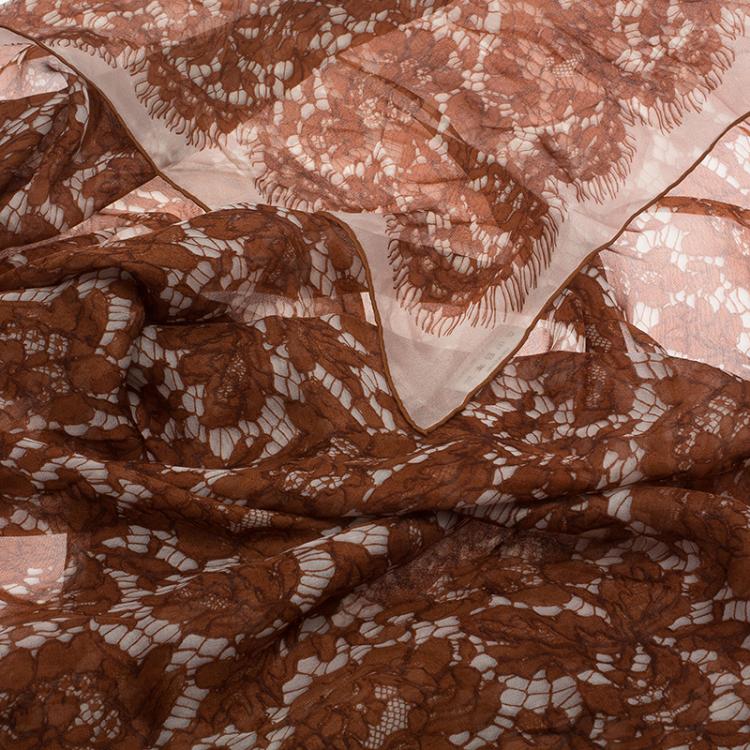 Pre Owned Valentino White and Brown Floral Lace Print Silk Stole