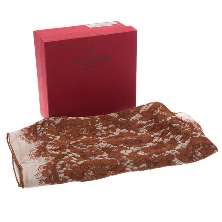 Pre Owned Valentino White and Brown Floral Lace Print Silk Stole