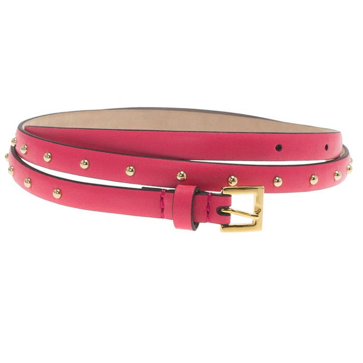 Pre Owned Valentino Pink Studded Leather Skinny Belt 75 CM