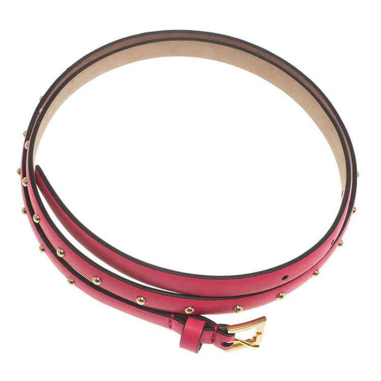 Pre Owned Valentino Pink Studded Leather Skinny Belt 75 CM