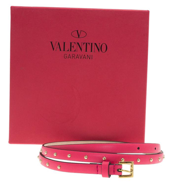 Pre Owned Valentino Pink Studded Leather Skinny Belt 75 CM