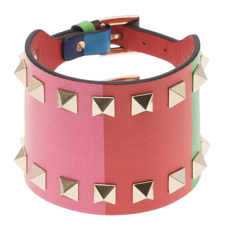 Pre Owned Valentino Rockstud Rainbow Leather Gold Tone Bracelet