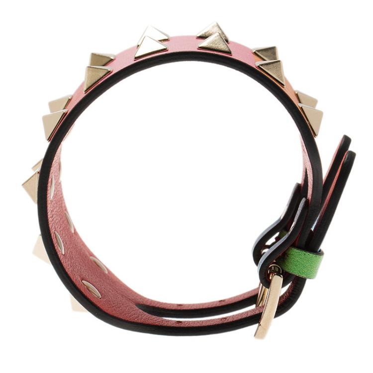 Pre Owned Valentino Rockstud Rainbow Leather Gold Tone Bracelet