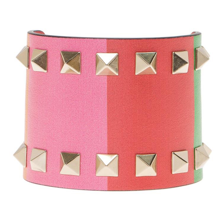 Pre Owned Valentino Rockstud Rainbow Leather Gold Tone Bracelet