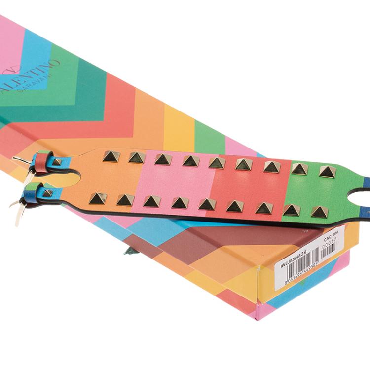 Pre Owned Valentino Rockstud Rainbow Leather Gold Tone Bracelet