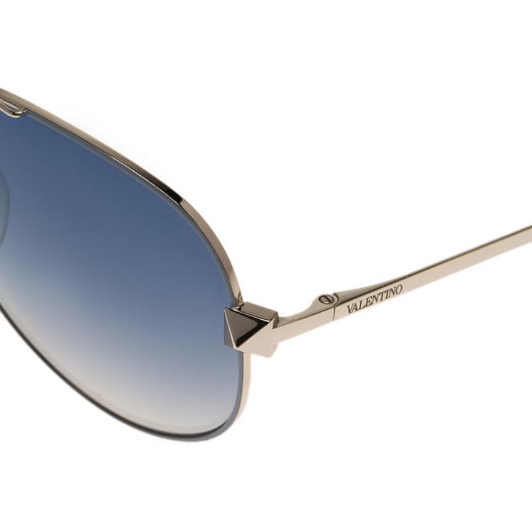Pre Owned Valentino Gold and Blue V117S Rockstud Aviator Sunglasses