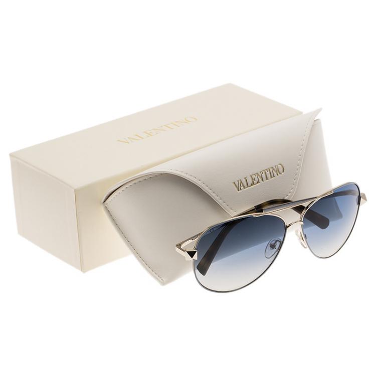 Pre Owned Valentino Gold and Blue V117S Rockstud Aviator Sunglasses