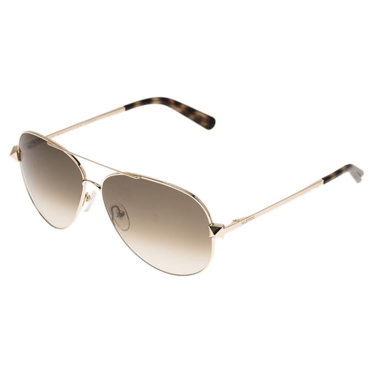 Pre Owned Valentino Gold and Tortoise V117S Rockstud Aviator Sunglasses