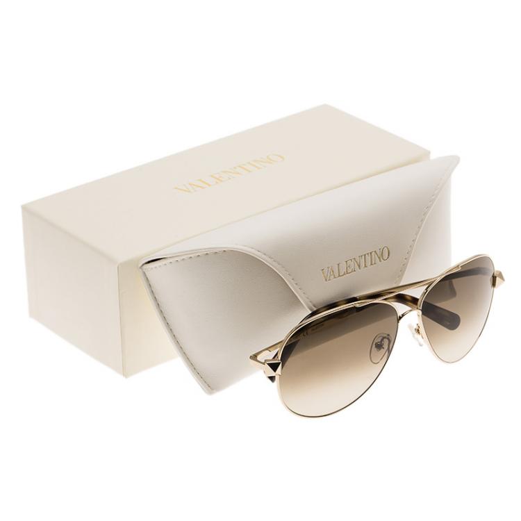 Pre Owned Valentino Gold and Tortoise V117S Rockstud Aviator Sunglasses