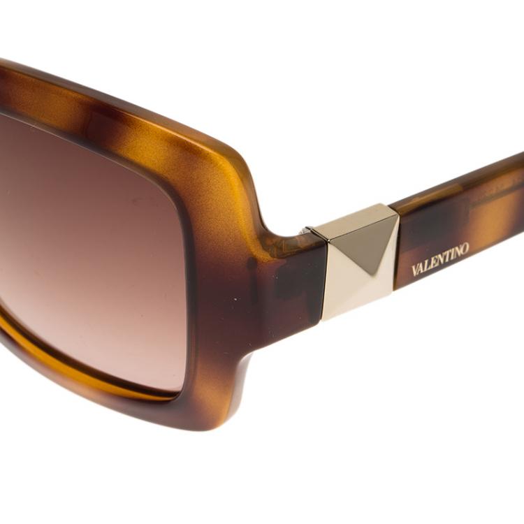 Pre Owned Valentino Tortoise Frame V714S Superstud Square Sunglasses