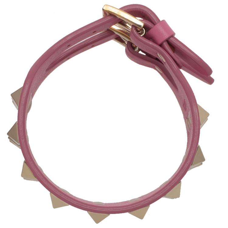 Pre Owned Valentino Rockstud Wide Pink Leather Gold Tone Bracelet