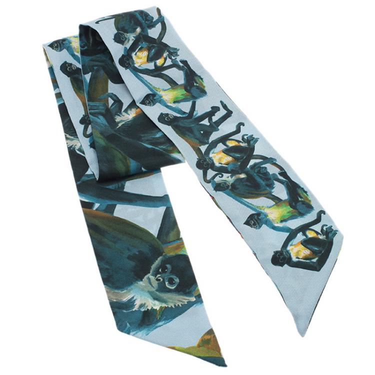 Pre Owned Valentino Light Blue Spider Monkey Printed Silk Neck Scarf